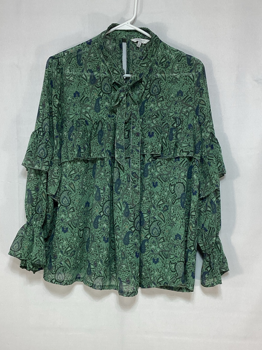 Lucky Brand 1x Green Paisley Tie-Neck Ruffle Blouse
